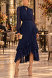 Febedress Mock Neck Sheer Sleeve Pleated Ruffle High-Low Midi Dress (E)