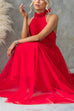 Febedress Bow Knot Halter Open Back Tulle Maxi Dress