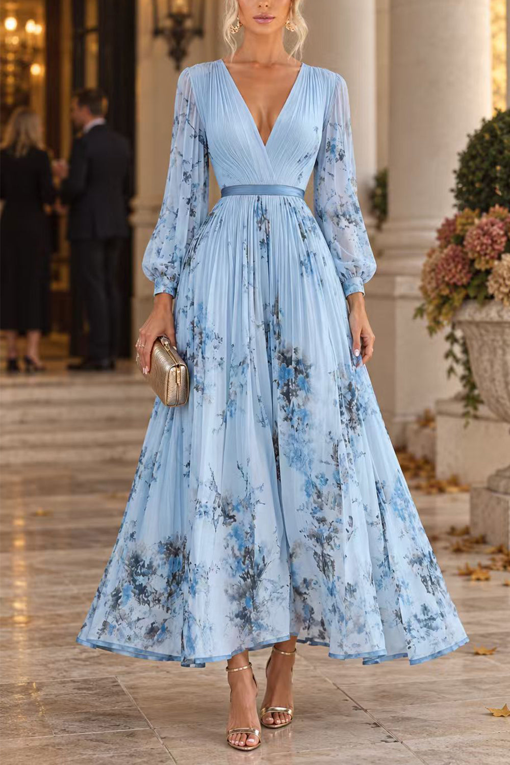 Febedress V Neck Lantern Long Sleeves Floral Print Pleated Maxi Dress (C)