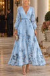 Febedress V Neck Lantern Long Sleeves Floral Print Pleated Maxi Dress (C)