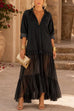 Febedress Lapel Long Sleeves Organza Splice Ruffle Denim Maxi Dress