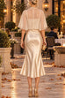 Febedress Mock Neck Chiffon Cape Overlay Satin Midi Dress Set (B)