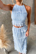 Febedress Frill Trim Halter Backless Crop Top and Drawstring Waist Maxi Skirt Set