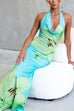 Halter Cowl Neck Backless Floral Print Satin Maxi Dress