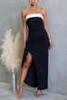 Strapless Draped Slit Color Block Maxi Dress