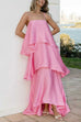 Febedress Adjustable Strap Ruffle Layered Satin Maxi Dress