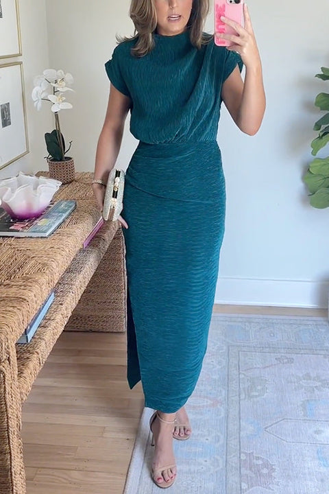 Mockneck Short Sleeves Waisted Side Slit Midi Dress