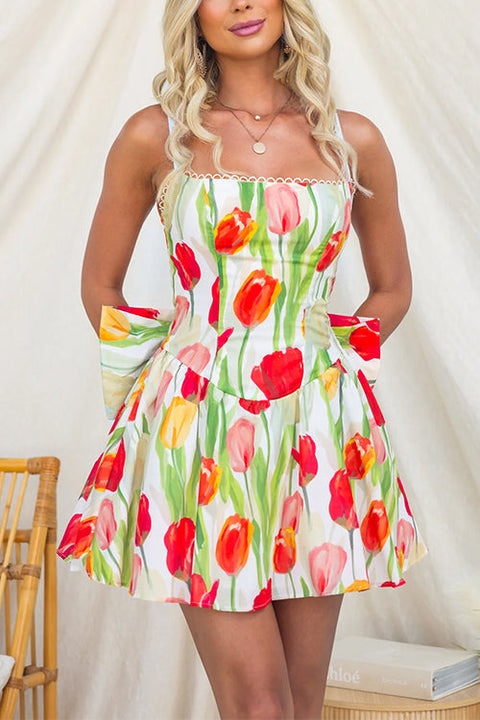 Watercolor Tulip Print Fit and Flare Mini Dress with Statement Back Bow