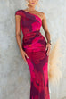 One Shoulder Floral Print Mesh Bodycon Maxi Dress