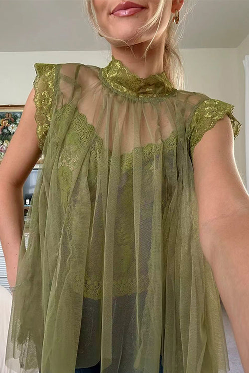 Mockneck Tulle Cover Up Top with Lace Camisole