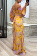 Febedress Off Shoulder Lantern Long Sleeves Printed Slit Pleated Maxi Dress