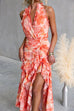 Halter V Neck Backless Floral Print Ruffle Slit Maxi Dress