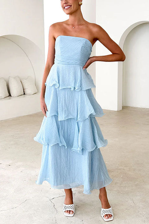 Febedress Strapless Empire Waist Ruffle Layered Maxi Dress