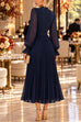 Febedress Mock Neck Sheer Sleeve Pleated Ruffle High-Low Midi Dress (E)