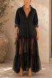 Febedress Lapel Long Sleeves Organza Splice Ruffle Denim Maxi Dress