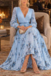 Febedress V Neck Lantern Long Sleeves Floral Print Pleated Maxi Dress (C)
