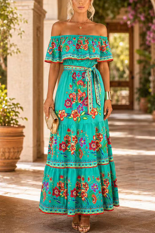 Febedress Off Shoulder Bow Waist Floral Print Ruffle Tiered Maxi Dress