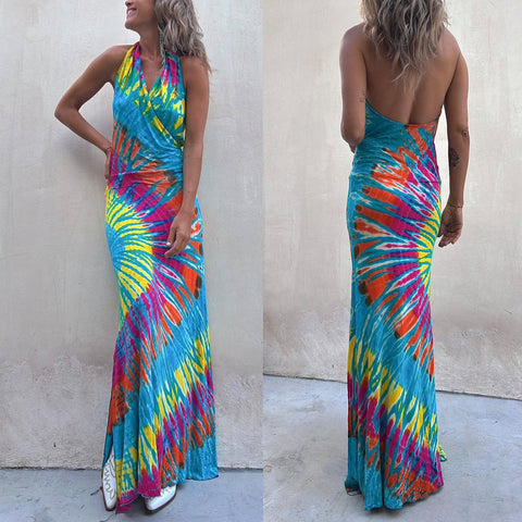 Febedress Sleeveless Halter Backless Maxi Tie Dye Dress