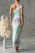 One Shoulder Watercolor Swirl Maxi Bodycon Dress