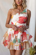 One Shoulder Sleeveless Floral Print Ruffle Layered Mini Dress