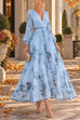 Febedress V Neck Lantern Long Sleeves Floral Print Pleated Maxi Dress (C)