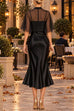 Febedress Mock Neck Chiffon Cape Overlay Satin Midi Dress Set (B)
