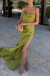 Febedress High Slit Back Drape Cascading Satin Maxi Cami Dress