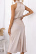 High Neck Sleeveless Waisted Satin Midi Dress