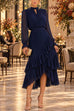Febedress Mock Neck Sheer Sleeve Pleated Ruffle High-Low Midi Dress (E)