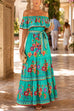 Febedress Off Shoulder Bow Waist Floral Print Ruffle Tiered Maxi Dress