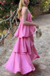 Febedress Spaghetti Strap Ruffle Layered Satin Maxi Dress