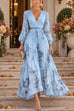 Febedress V Neck Lantern Long Sleeves Floral Print Pleated Maxi Dress (B)