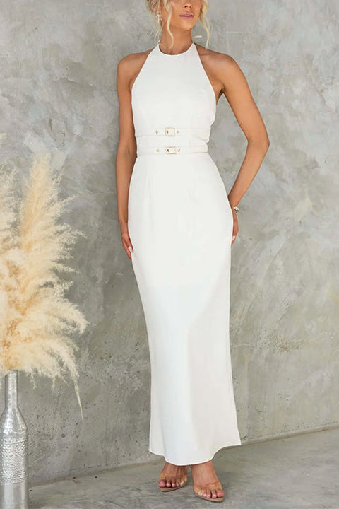 Halter Sleeveless Back Slit Waisted Maxi Dress