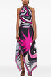Febedress Printed Halter Tie Knot Backless Top and Irregular Hem Maxi Skirt Set