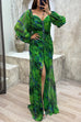 Febedress Off Shoulder Lantern Long Sleeves Printed Slit Pleated Maxi Dress