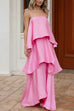 Febedress Spaghetti Strap Ruffle Layered Satin Maxi Dress