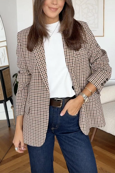 Febedress Notch Lapel Single Breasted Plaid Blazer