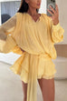 Febedress Lantern Long Sleeves Draped Ruffle Layered Mini Dress with Shorts