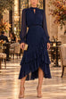 Febedress Mock Neck Sheer Sleeve Pleated Ruffle High-Low Midi Dress (E)