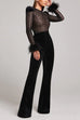 Febedress Feather Cuffs Bell Bottom Velvet Splice Jumpsuit