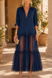 Febedress Lapel Long Sleeves Organza Splice Ruffle Denim Maxi Dress