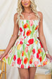 Watercolor Tulip Print Fit and Flare Mini Dress with Statement Back Bow