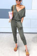 Febedress V Neck Tie Waist Drawstring Joggers Jumpsuit