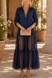 Febedress Lapel Long Sleeves Organza Splice Ruffle Denim Maxi Dress