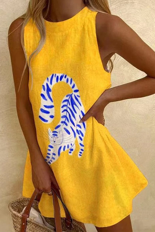 Febedress Round Neck Sleeveless Cartoon Print Mini Dress