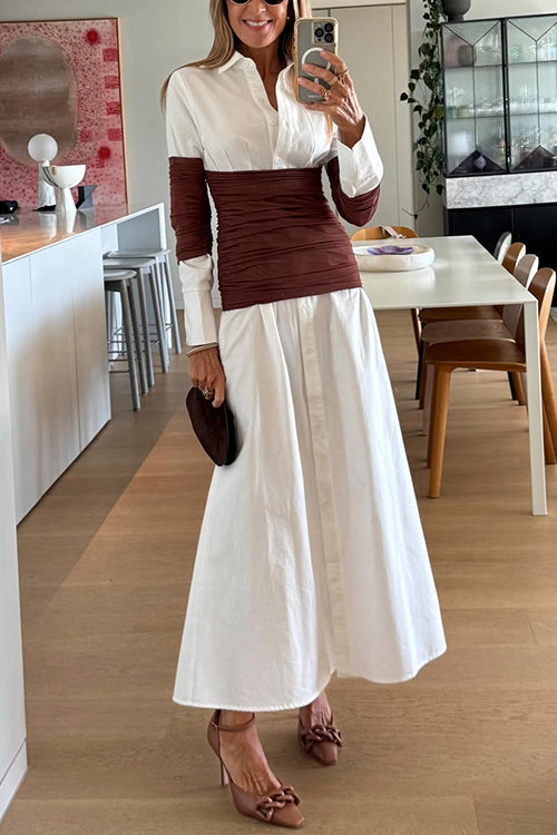 Long Sleeves Button Up Color Block Maxi Shirt Dress