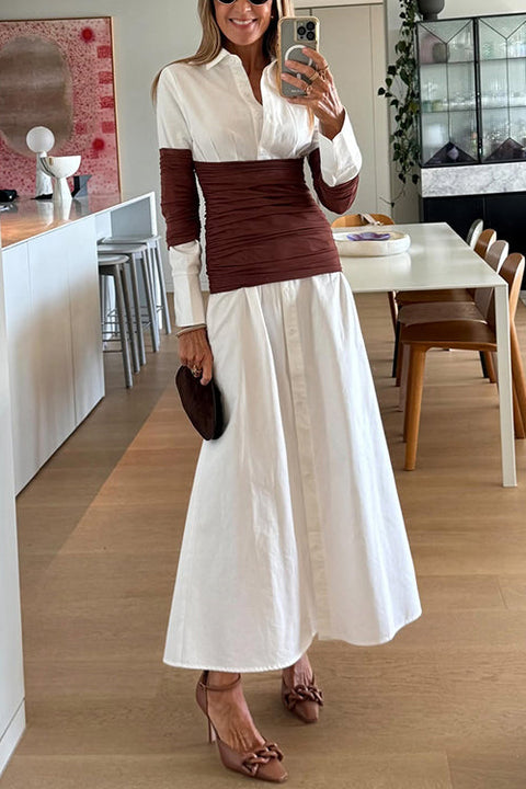 Long Sleeves Button Up Color Block Maxi Shirt Dress