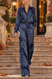 Febedress Lapel Long Sleeves Shirt High Rise Pocketed Straight Leg Pants Paisley Print Set (A)