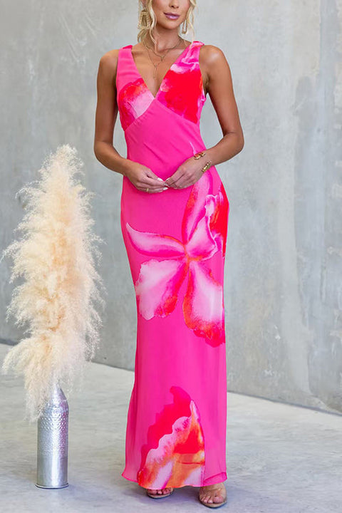 V Neck Sleeveless Floral Print Maxi Dress