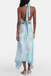 Febedress Printed Halter Tie Knot Backless Top and Irregular Hem Maxi Skirt Set